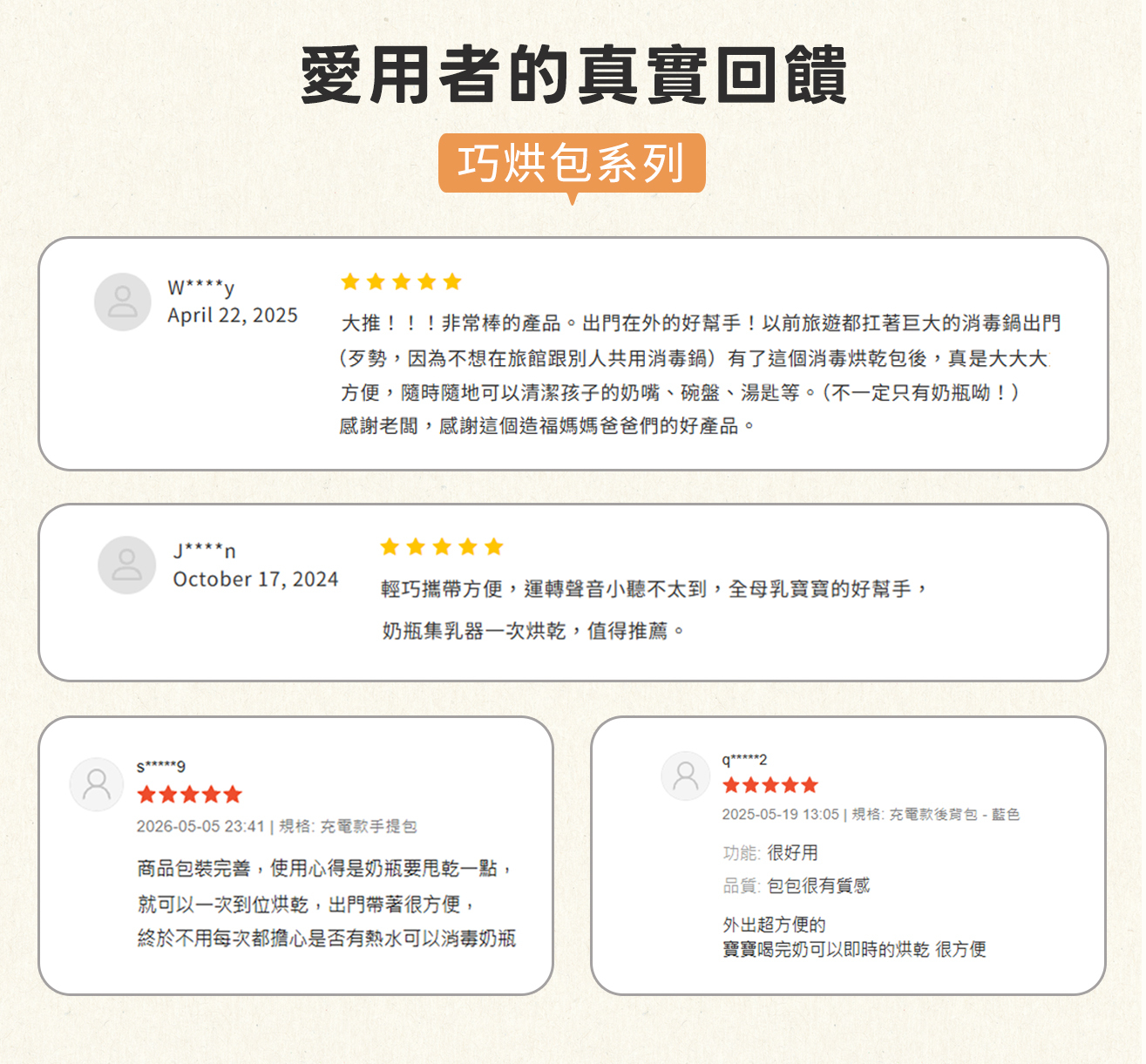 愛用者真實回饋:出門在外的好幫手!以前旅遊都扛著巨大的消毒鍋出門(歹勢,因為不想在旅館跟別人共用消毒鍋)有了這個消毒烘乾包後,真是大大大方便,隨時隨地可以清潔孩子的奶嘴、碗盤、湯匙等。(不一定只有奶瓶呦!)感謝老闆,感謝這個造福媽媽爸爸們的好產品。