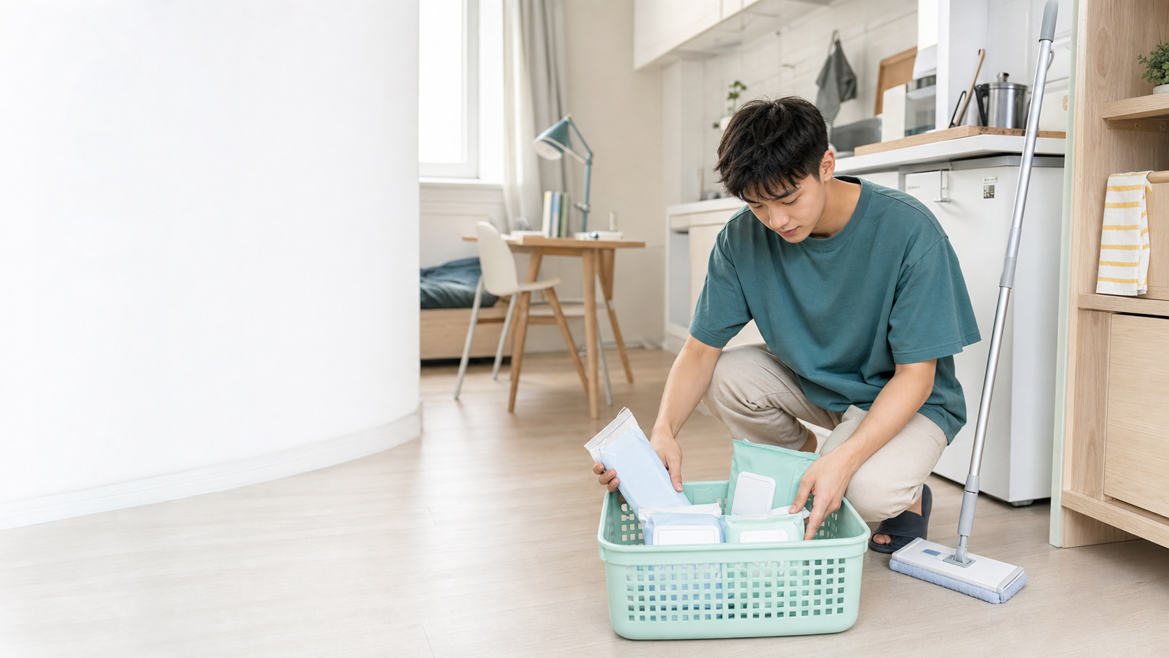 外宿學生整理居家清潔濕巾與拖把的主視覺