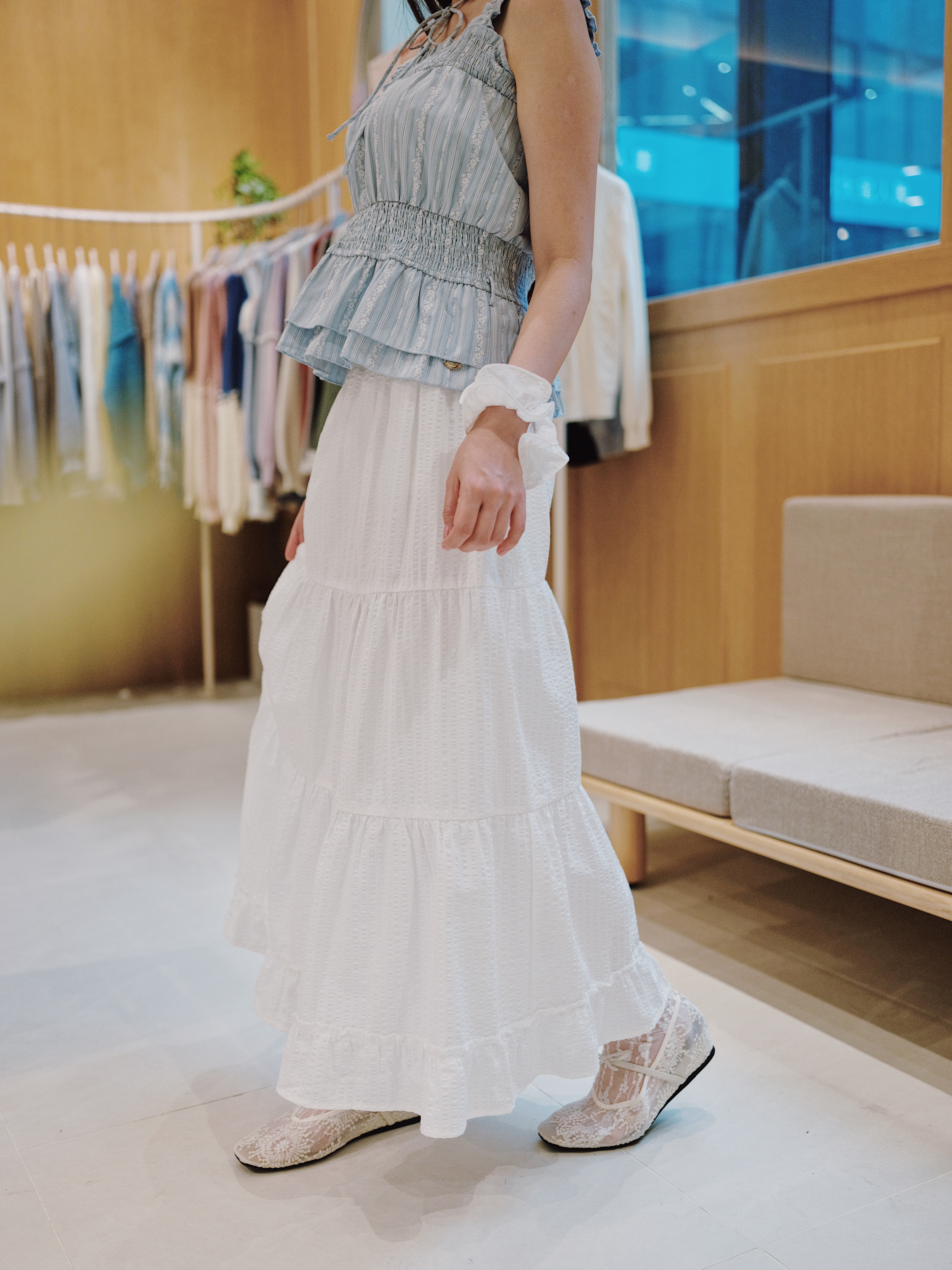 三色 /【附髮圈】暗條紋蛋糕半身長裙 / Textured Stripe Tiered Skirt With Matching Scrunchie
