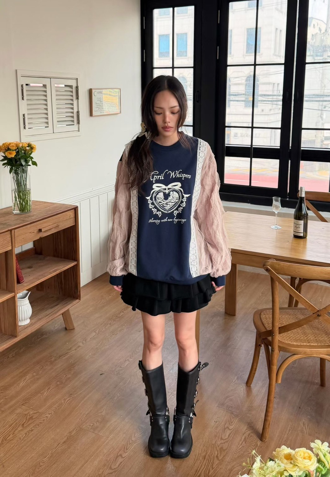 拚蕾絲紗袖愛心徽章長袖t