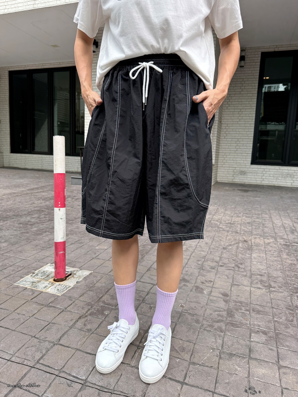 正韓寬鬆車線綁帶氣球短褲 (黑)