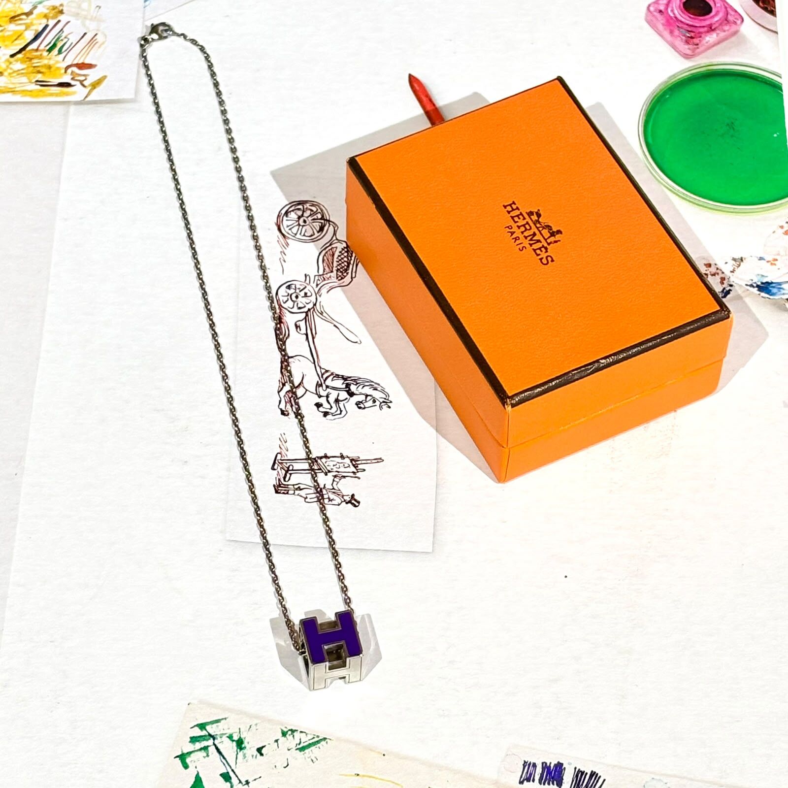 98%NEW二手HERMES項鏈 CAGE D H Pendant (紫色x銀鏈)立體方型骰子LOGO Cage d'H pendant #香榭站正品