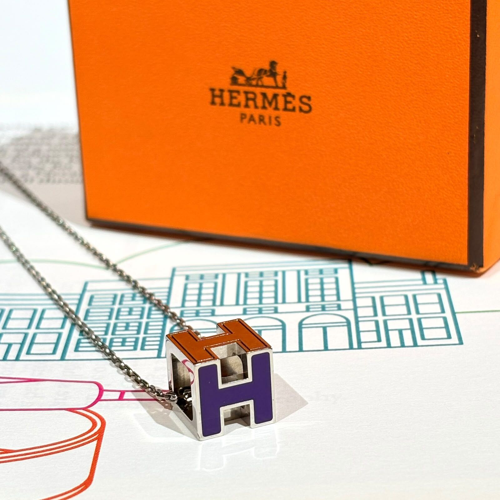 98%NEW二手HERMES項鏈 CAGE D H Pendant (紫色x銀鏈)立體方型骰子LOGO Cage d'H pendant #香榭站正品