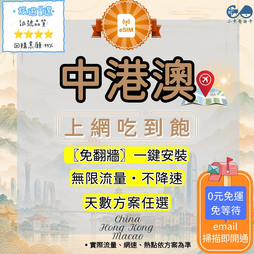 【eSIM】中港澳網卡全方案｜免翻牆·中國+香港+澳門通用·多方案選擇〈快速啟用、免運即時開通、天數客制化〉