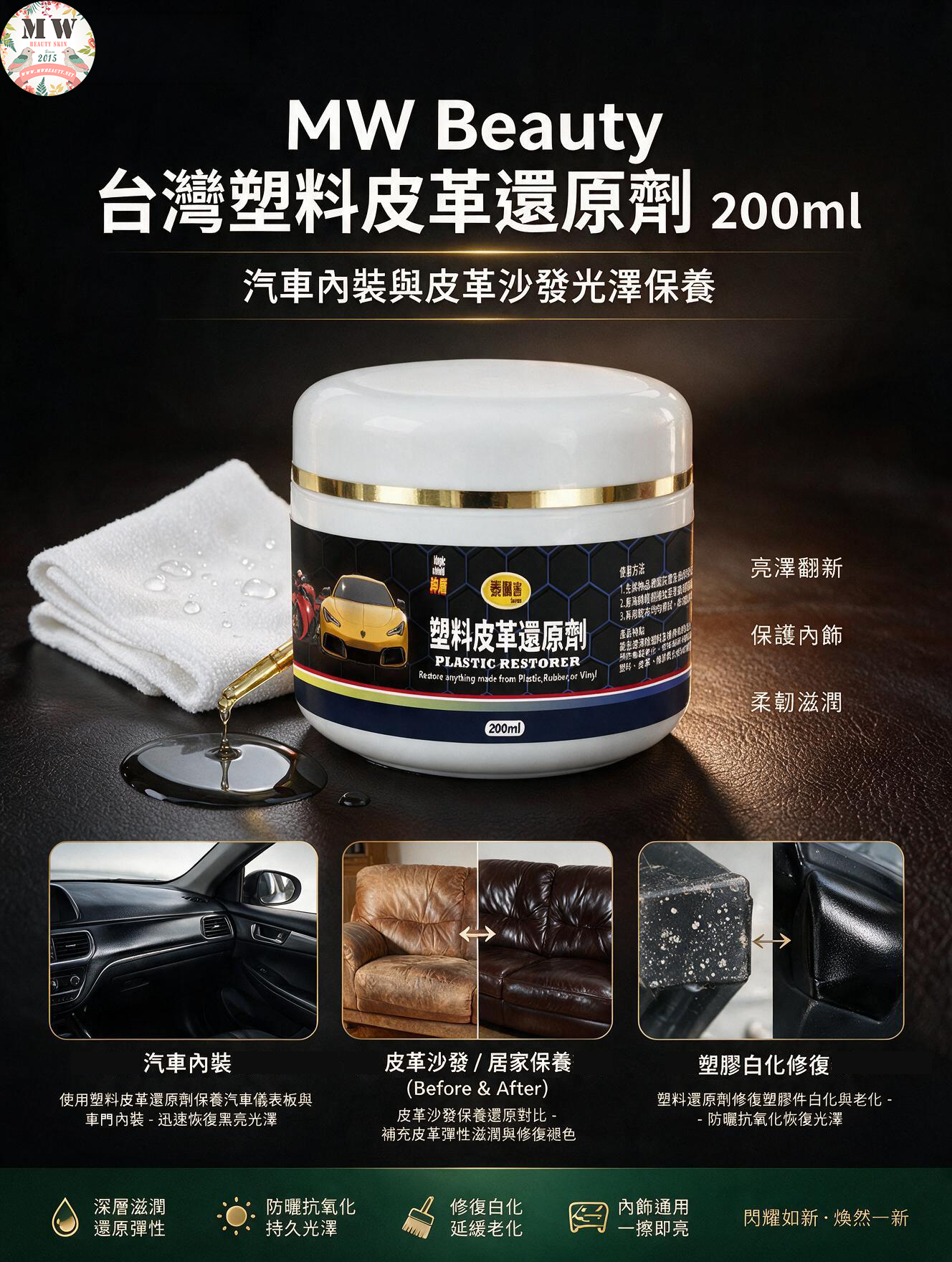 【台灣居家清潔神器】塑料皮革還原劑 200ml｜迅速恢復光澤彈性 (汽車內裝/皮革沙發/塑膠保養)