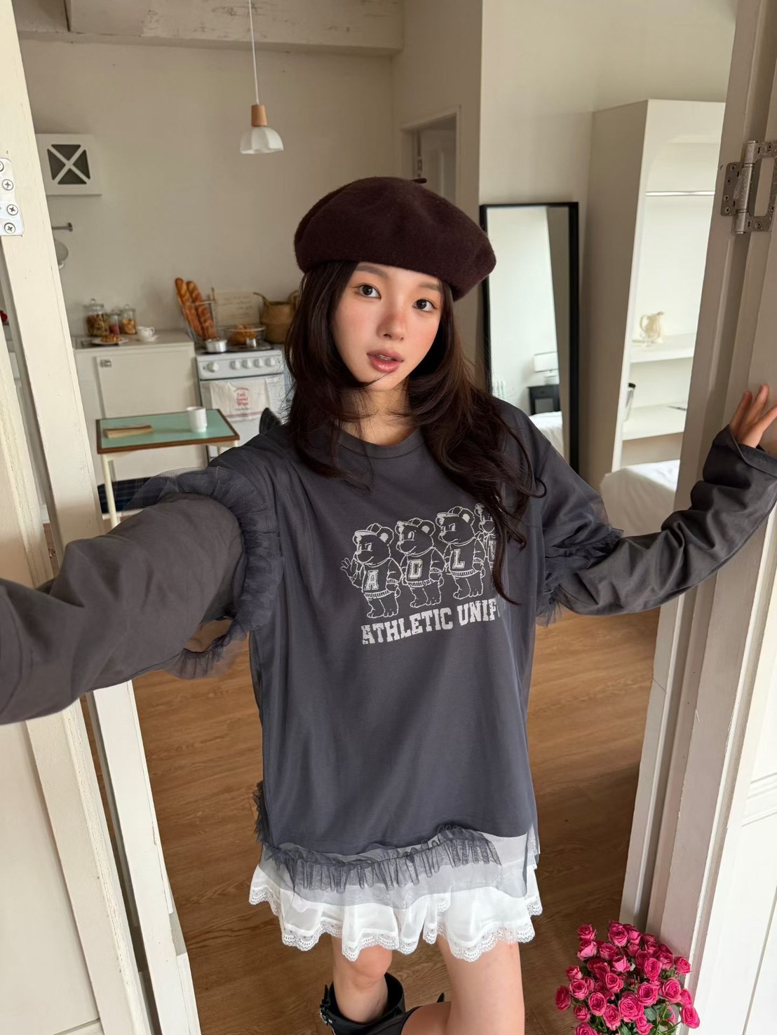 紗層小熊長袖T