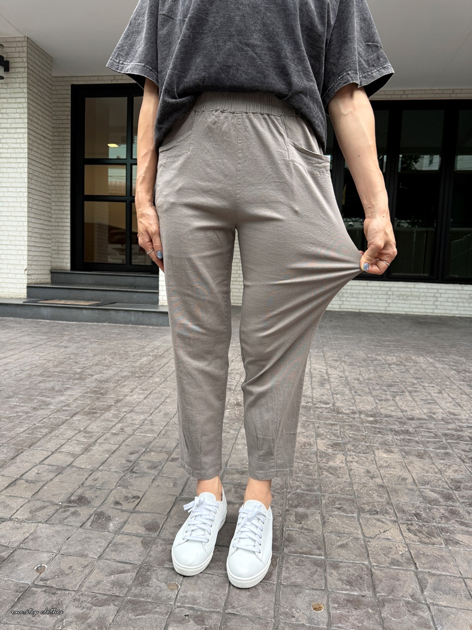 正韓Going褲腳車線鬆緊棉麻褲 (摩卡)