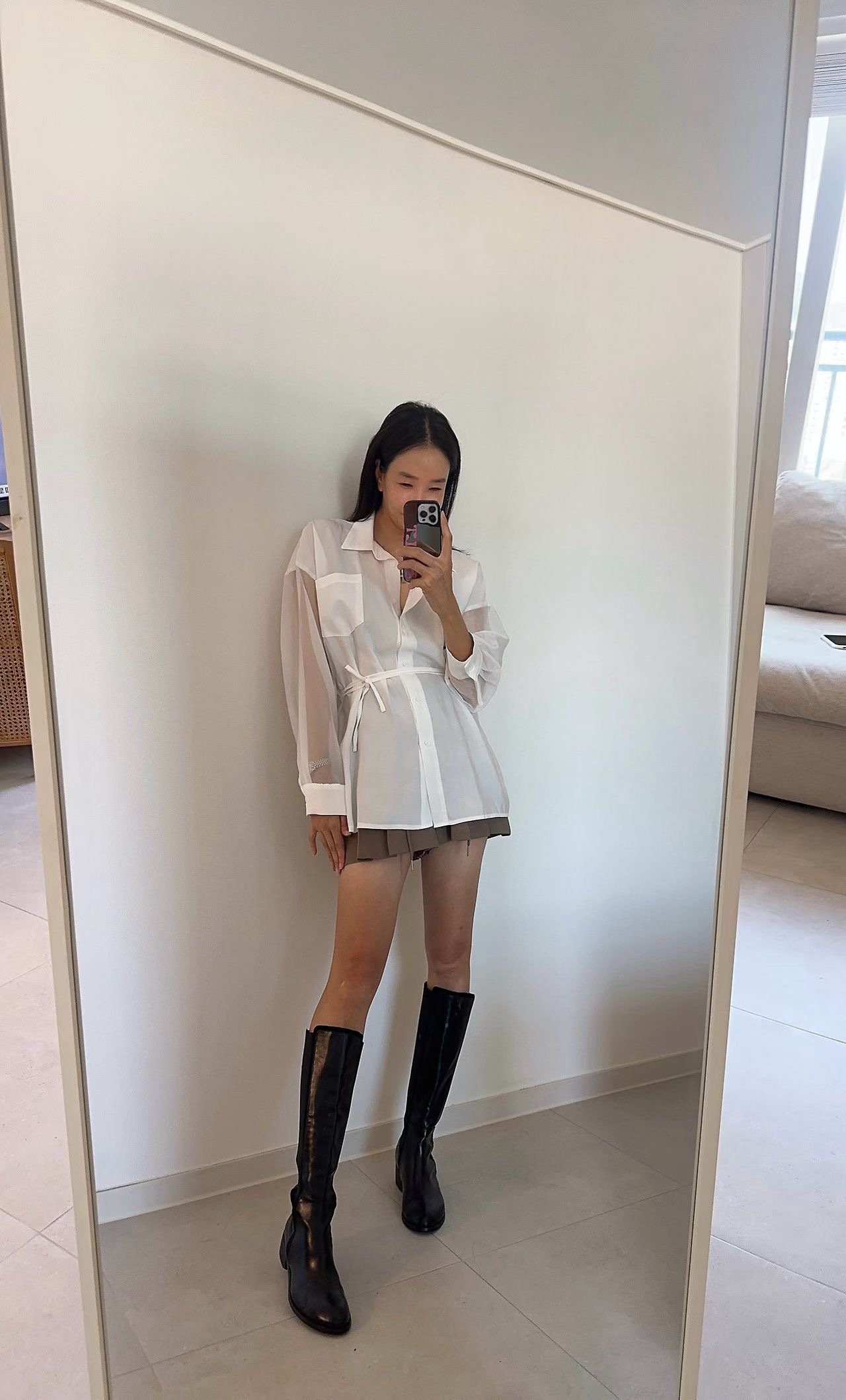 紗袖綁帶休閒襯衫