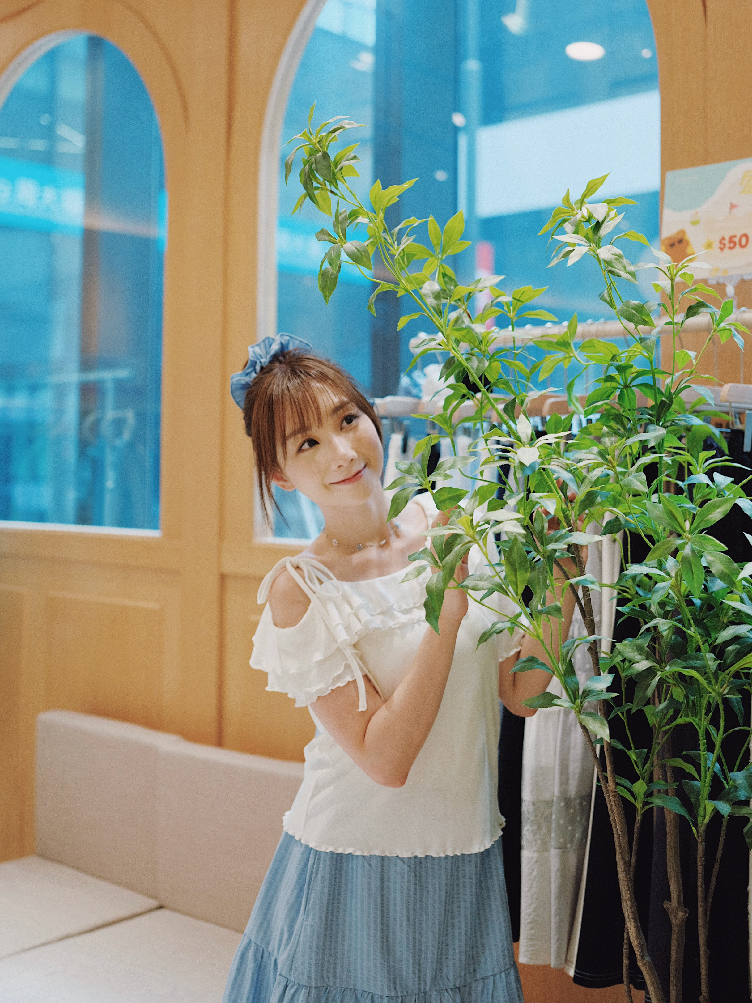 三色 / 雙層荷葉斜肩短袖上衣 / Double Flounce One-Shoulder Short Sleeve Top