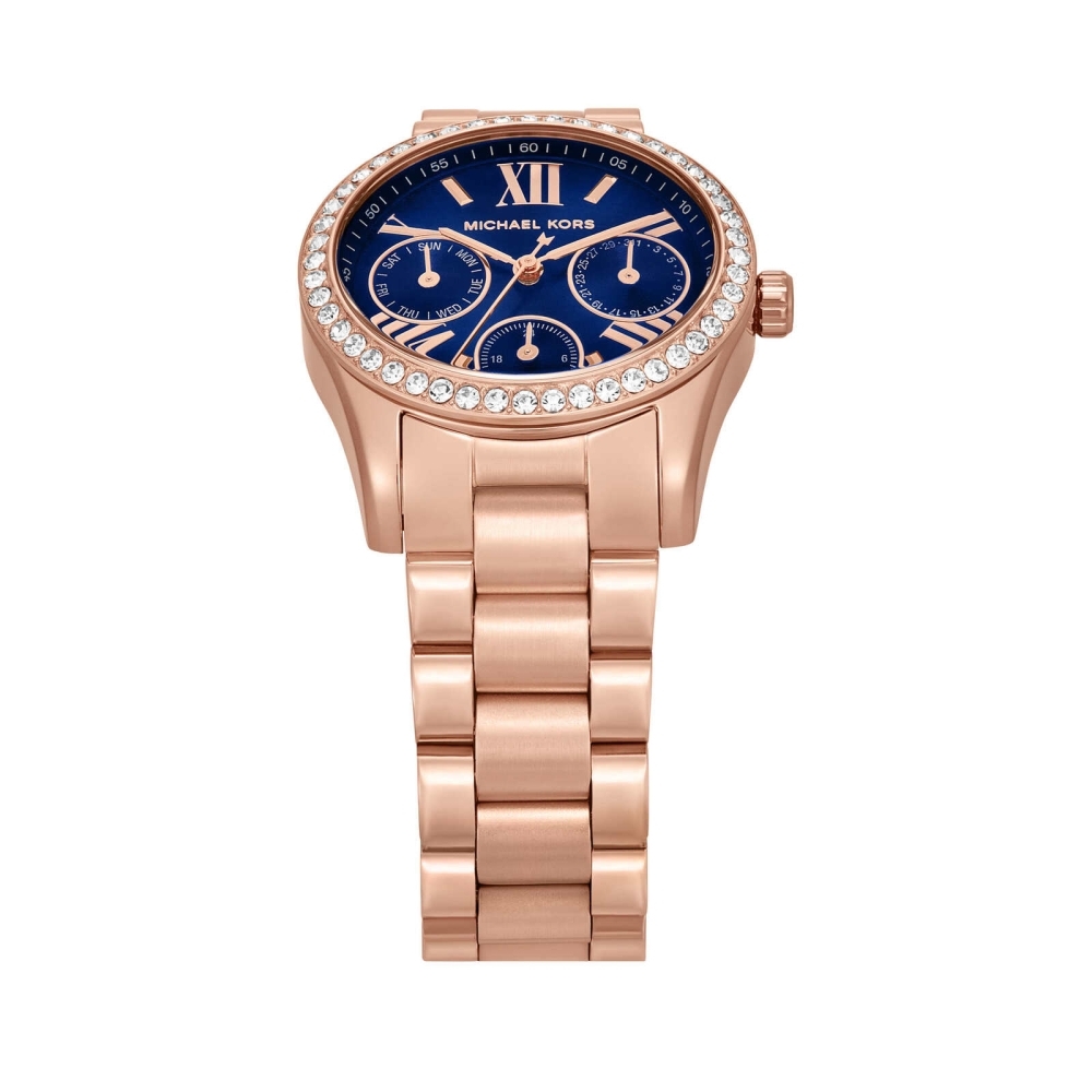 萬年鐘錶 - Michael Kors /  MK女錶  晶鑽玫瑰金三眼藍面女錶 MK4926 錶徑33MM