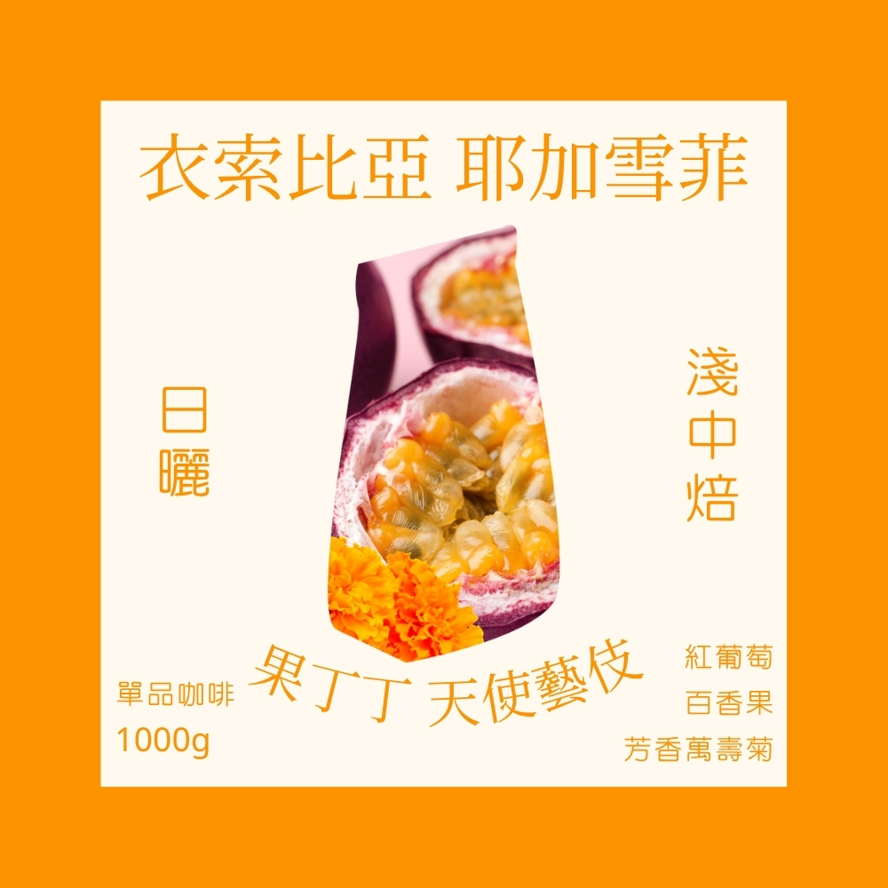 淺中焙｜衣索比亞 耶加雪菲 果丁丁 天使藝伎 日曬處理法 咖啡豆 一公斤(1000g±5g)※不提供任何形式分裝，僅以一公斤包裝出貨｜暖窩咖啡