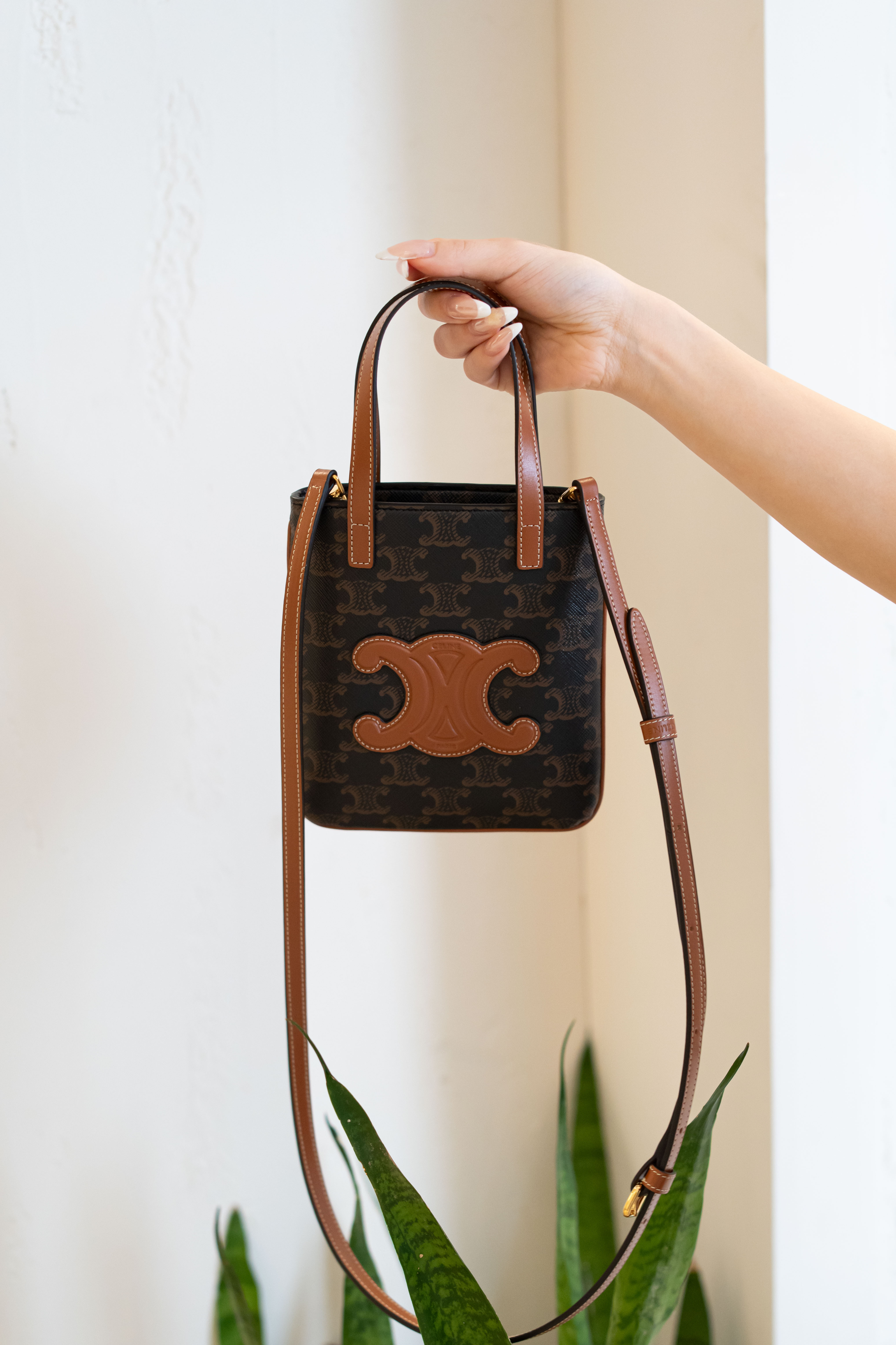 Celine Cabas 標誌印花牛皮迷你包 棕褐色