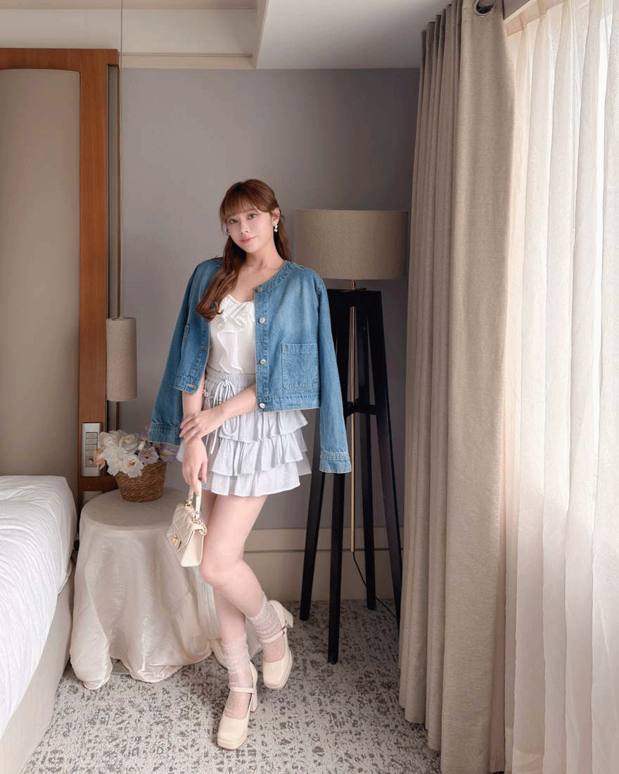 LINA LINA韓妞範本口袋造型排釦刷色牛仔外套-藍