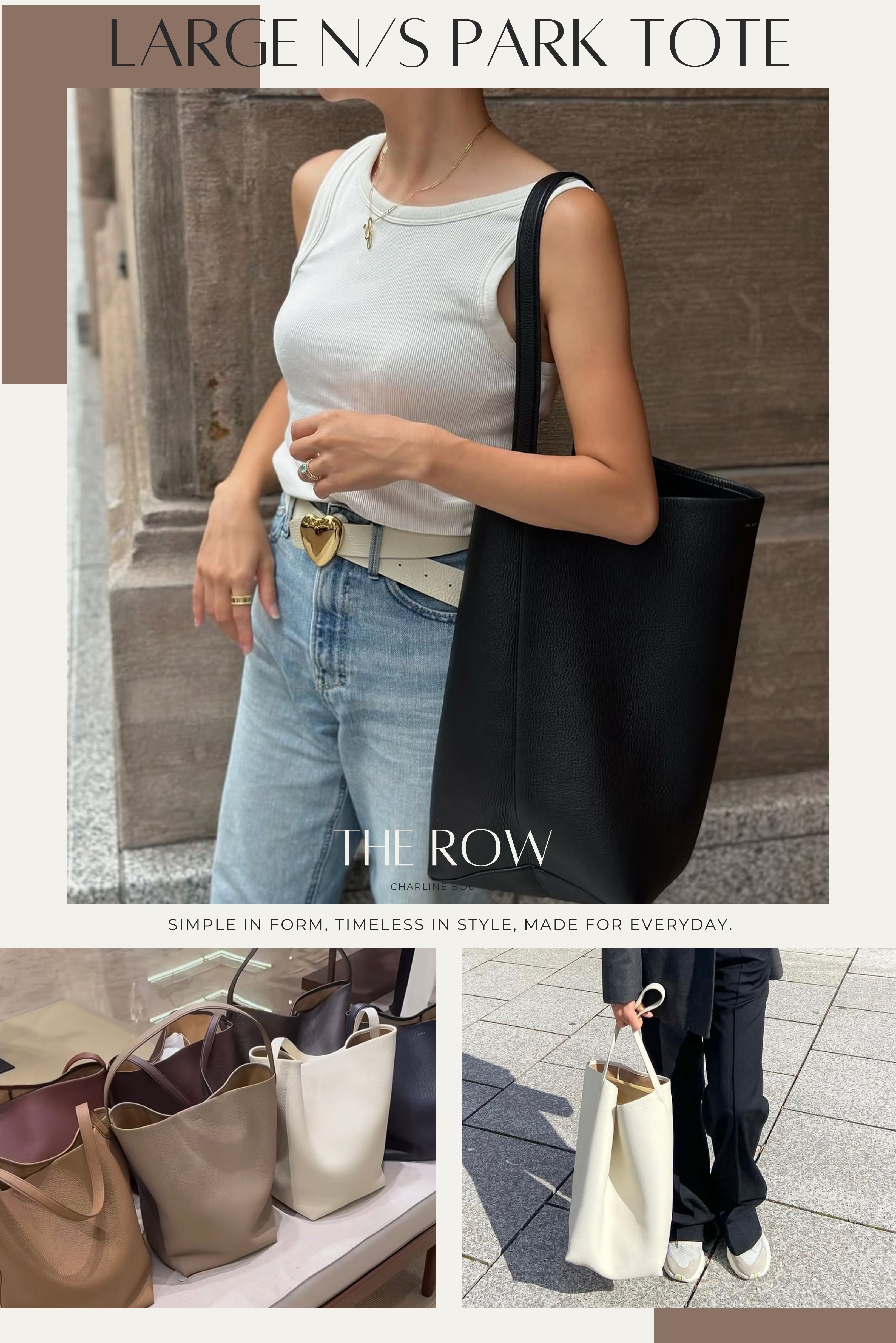 The Row Large N/S Park Tote 容量與上身比例資訊圖