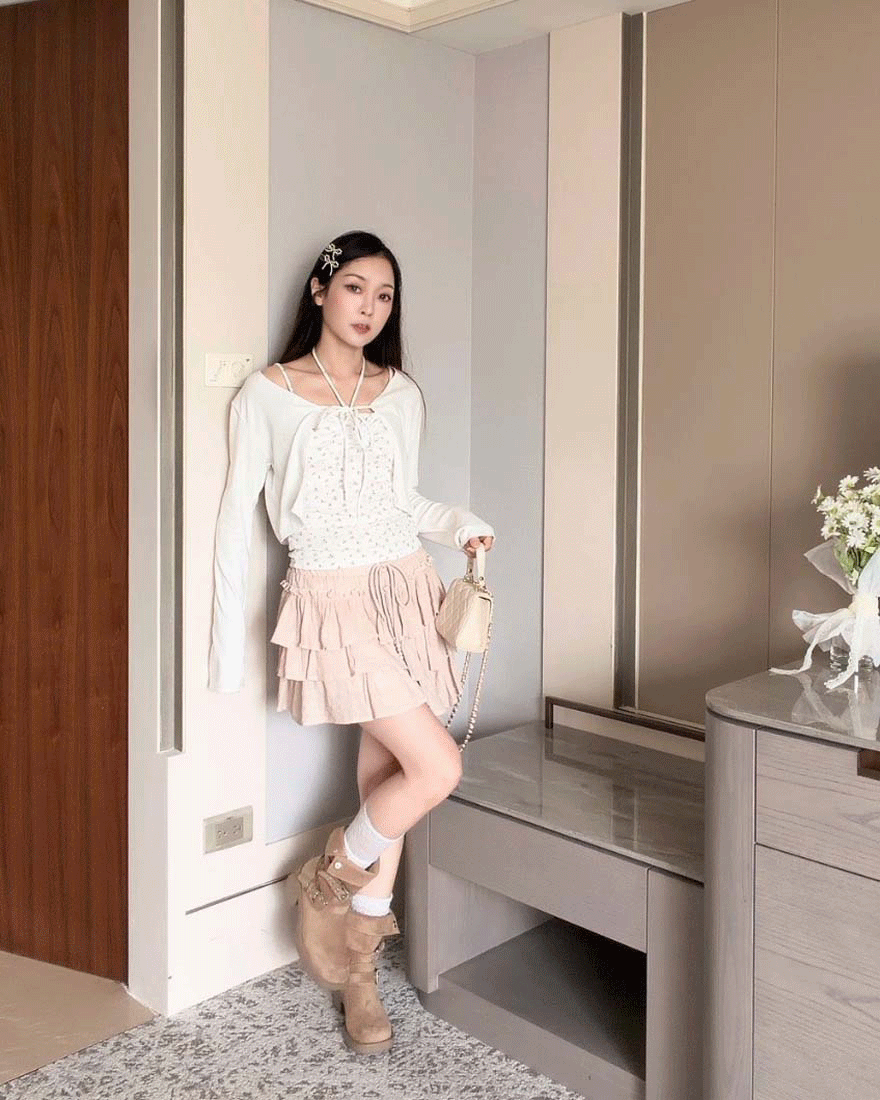 LINA LINA甜美法則綁繩碎花背心外套兩件組-優美白