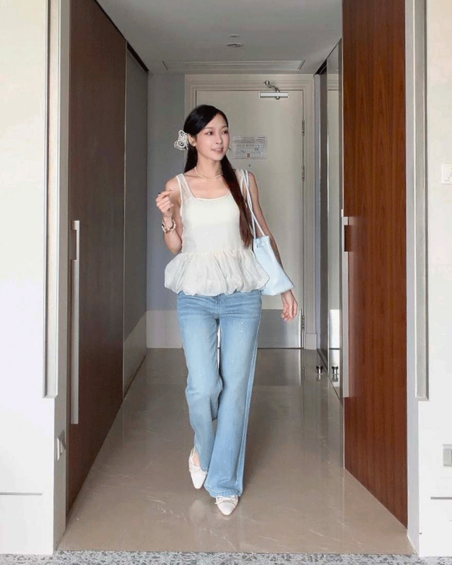 LINA LINA氣質濾鏡透肌網紗氣球感裙襬上衣-奶油杏