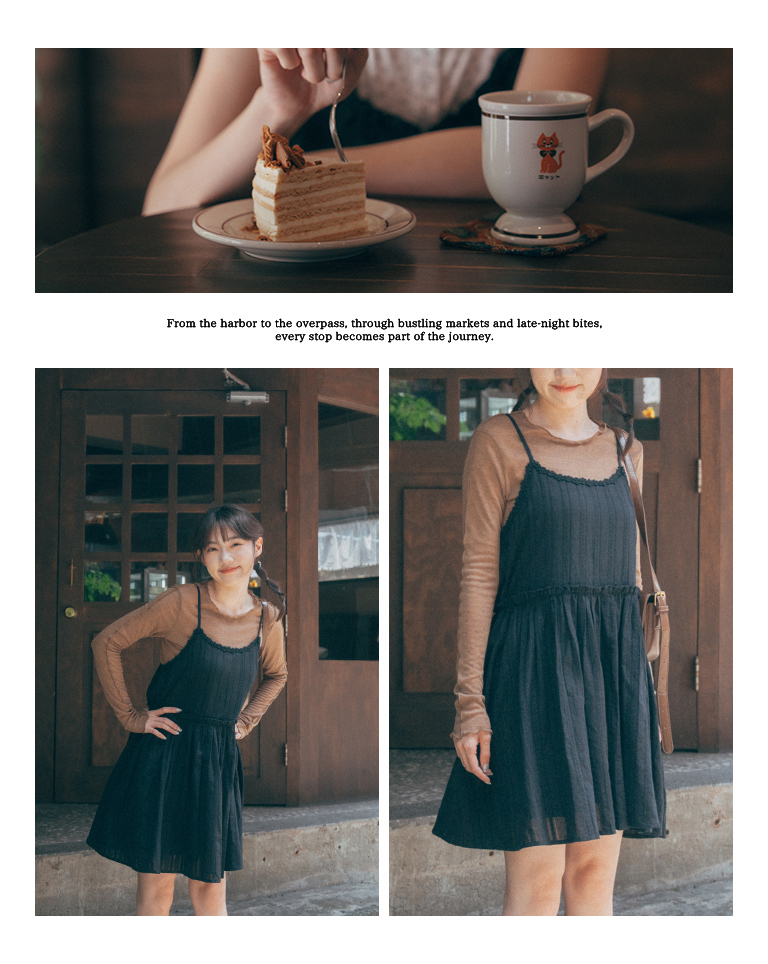 Simple jacquard lace-trimmed spaghetti strap tiered mini dress, available in two colors.【01087361】in stock+pre-order