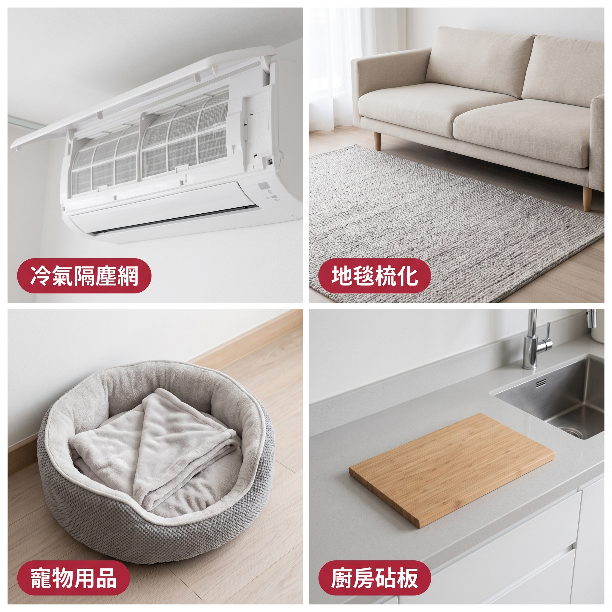 冷氣隔塵網、地毯梳化、寵物用品與廚房砧板等應用場景