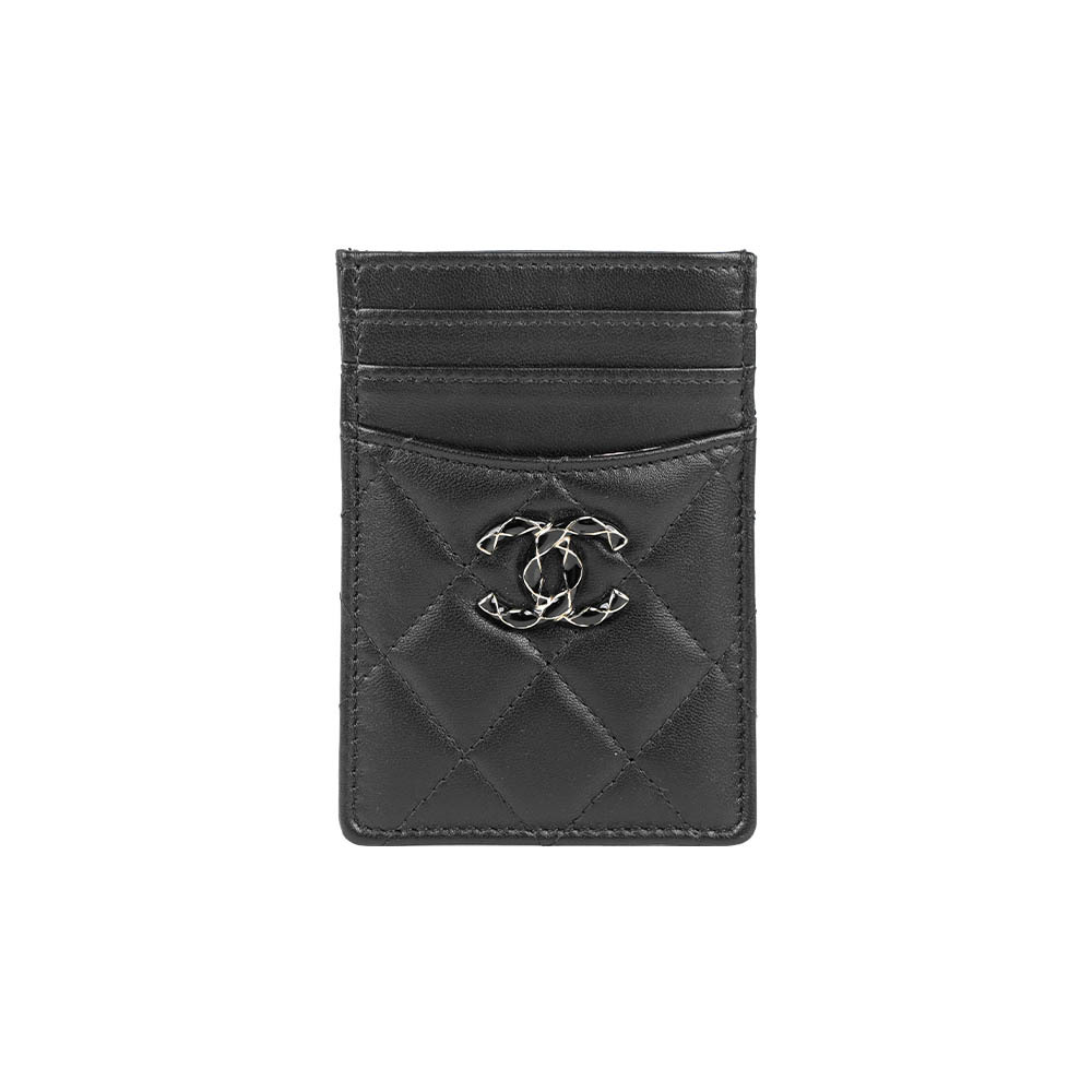【CHANEL】黑銀CC Logo 山茶花絲巾直式卡片夾/名片夾(黑色)