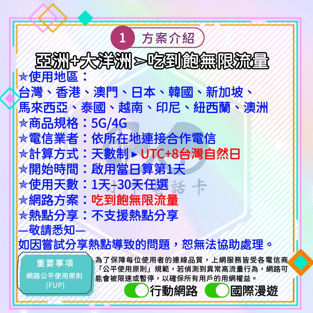 【SIM卡】亞洲＋大洋洲多國通用上網卡｜台灣、日韓、港澳、東南亞、澳紐〈隨插即用、簡易開通、熱點分享〉