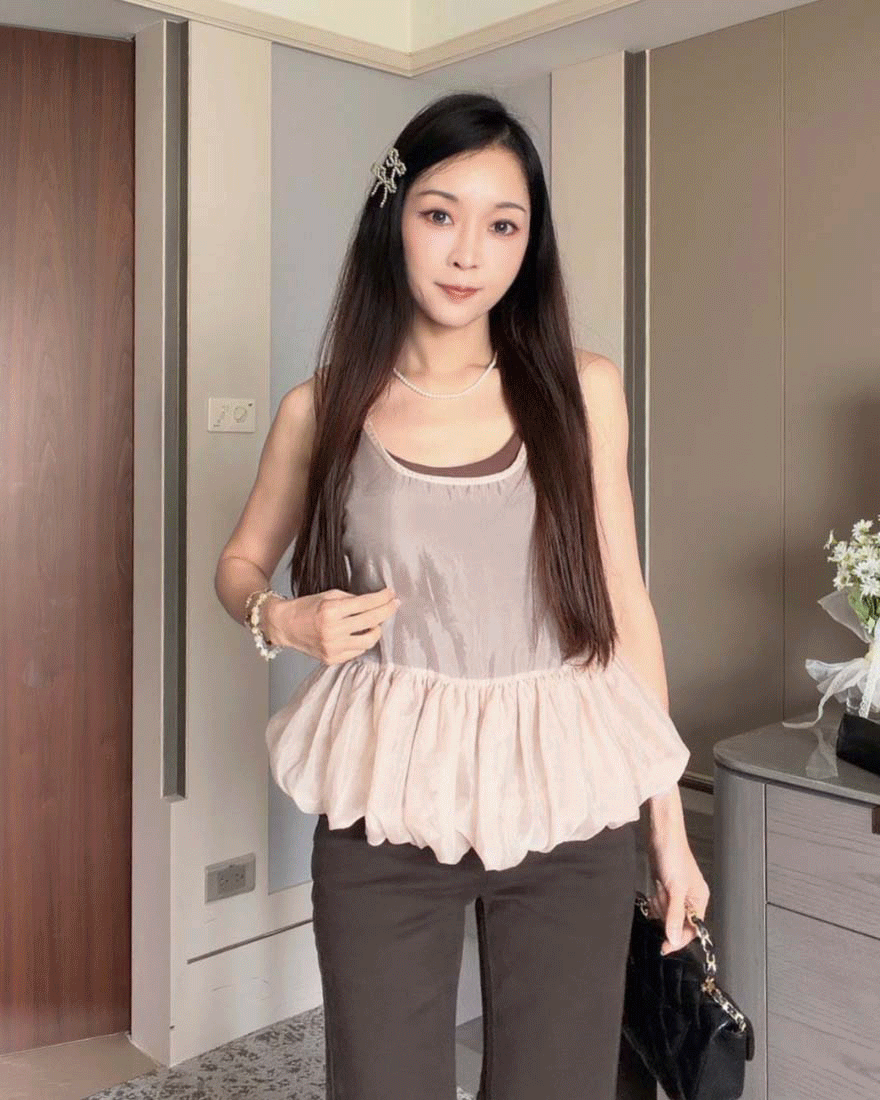 LINA LINA氣質濾鏡透肌網紗氣球感裙襬上衣-香檳粉