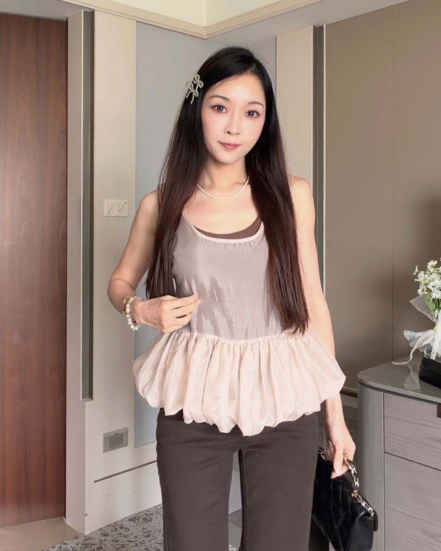 LINA LINA氣質濾鏡透肌網紗氣球感裙襬上衣-香檳粉