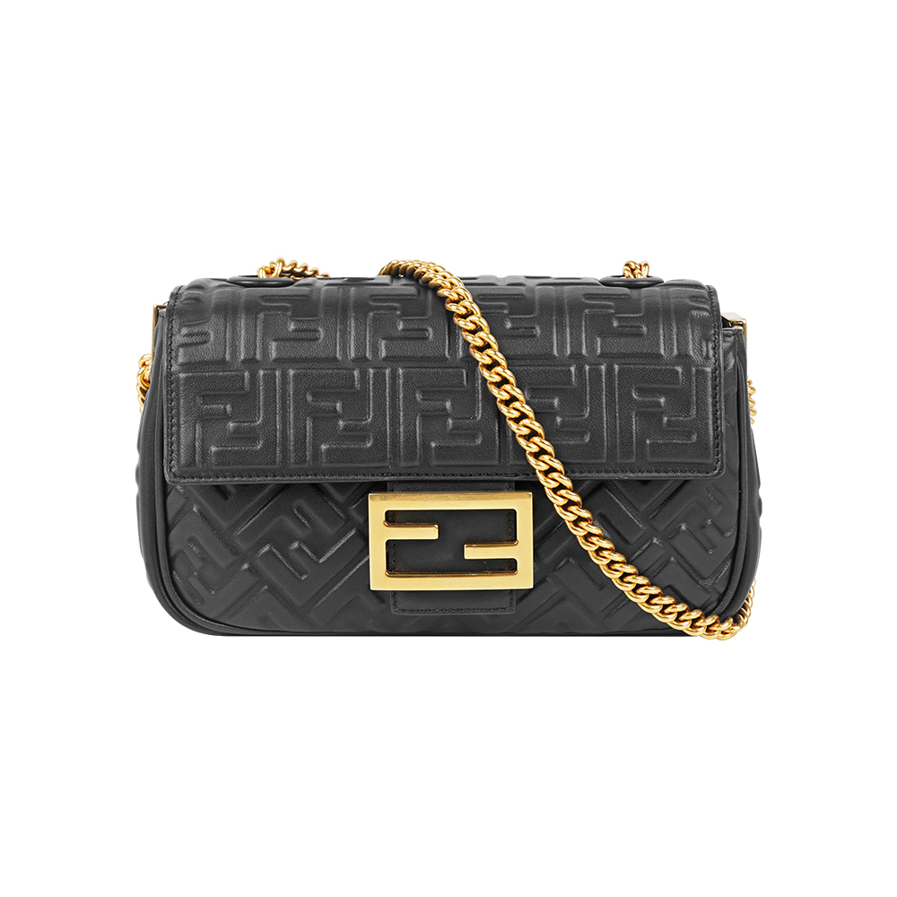 【Fendi】Baguette FF Logo 壓印小羊皮二用法棍包(黑色)