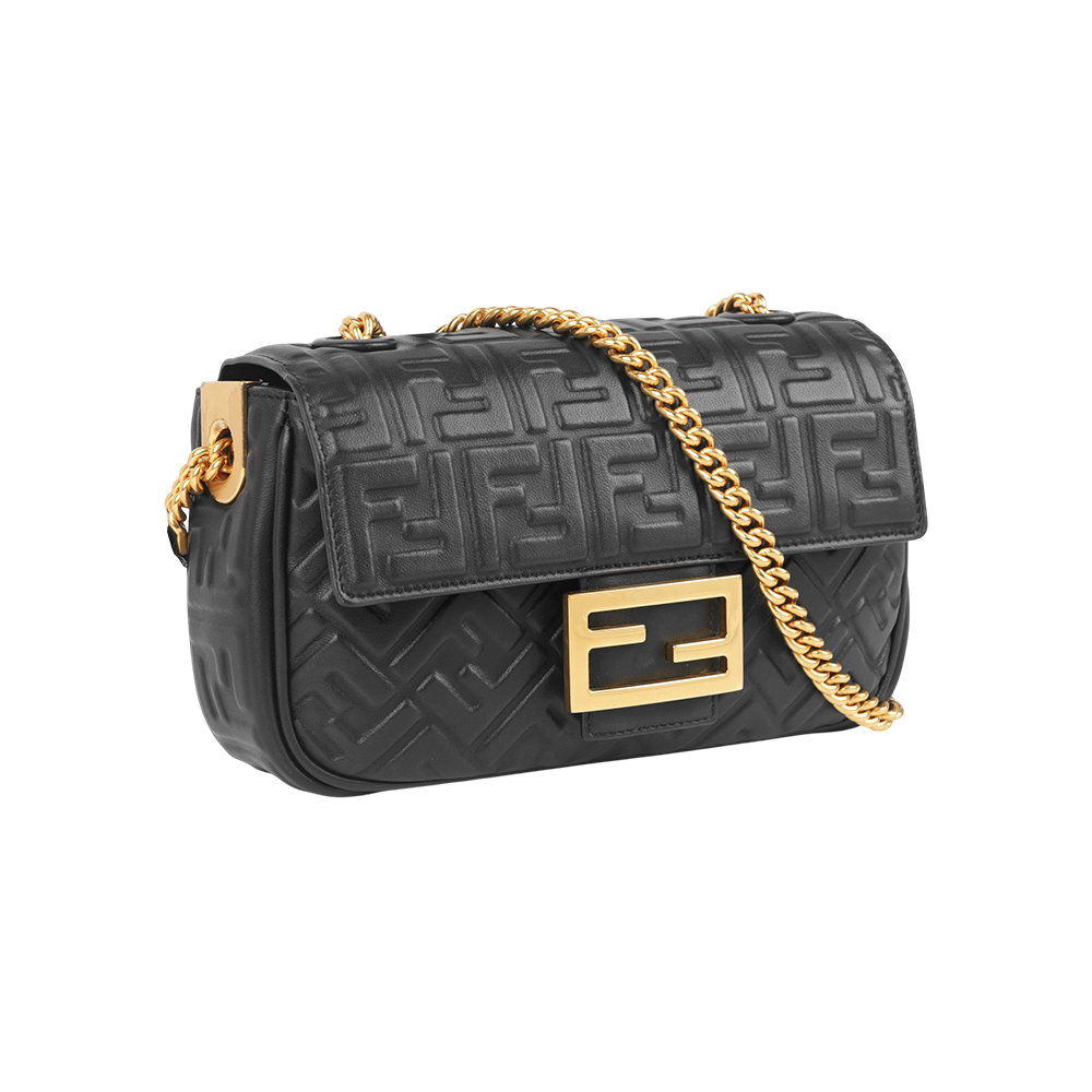 【Fendi】Baguette FF Logo 壓印小羊皮二用法棍包(黑色)