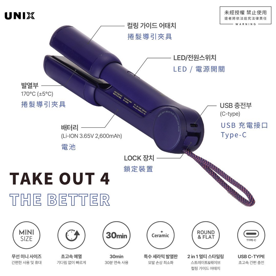 韓國 UNIX 型動無線兩用直髮夾 A2023 午夜藍 送英國 TROPIC SKINCARE 竹纖維洗臉巾x6 顏色隨機