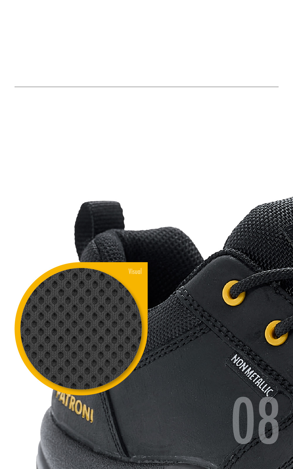 Detail view of the breathable mesh lining of the PATRONI ARKION safety shoe