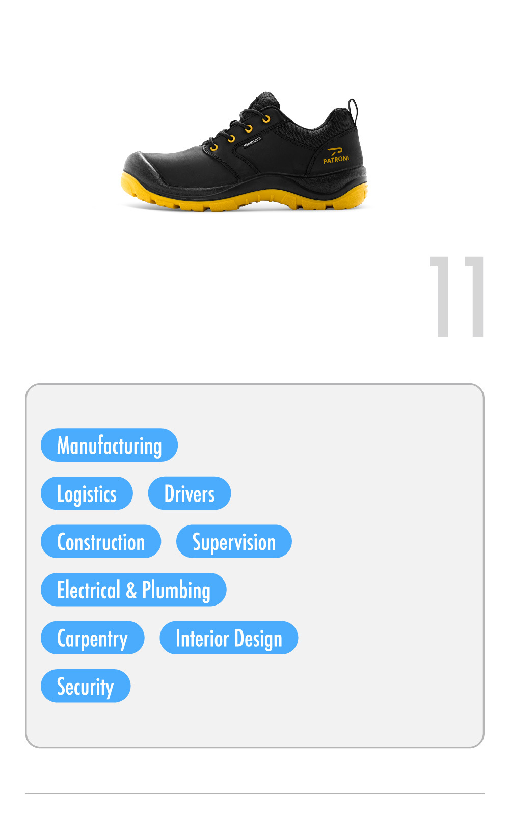 PATRONI SF2540BLK ARKION safety shoe recommended for manufacturing, construction, plumbing, electrical and carpentry, logistics, security, and other industries