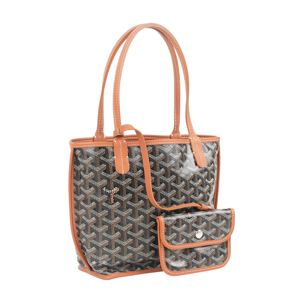 【GOYARD】Anjou 帆布及皮革雙面可用附磁釦迷你手提包(咖啡色)