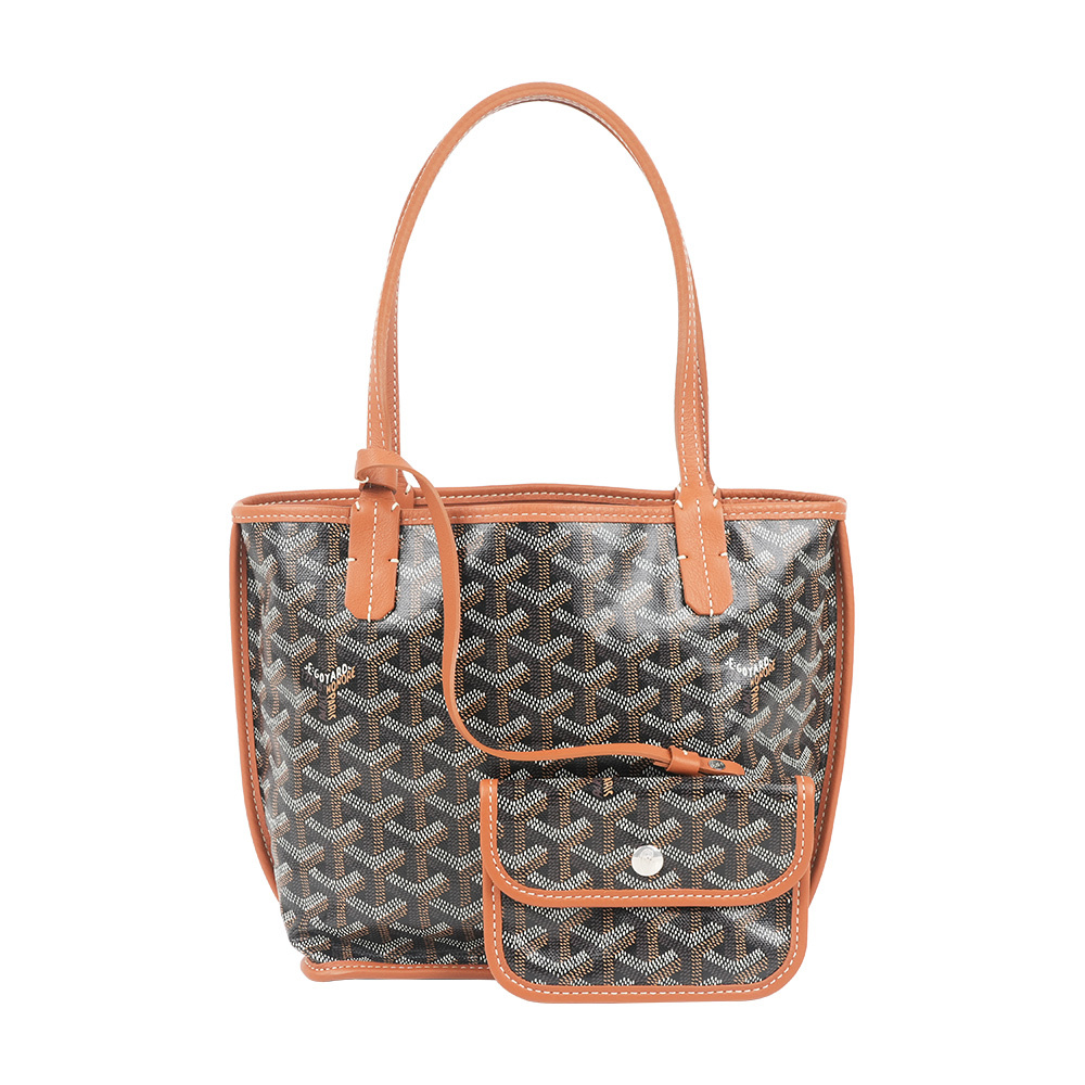 【GOYARD】Anjou 帆布及皮革雙面可用附磁釦迷你手提包(咖啡色)