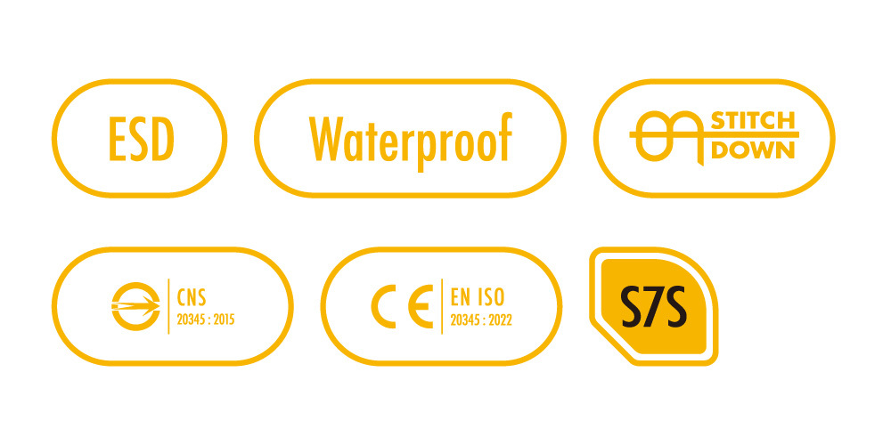 PATRONI MARAX safety shoe certified to the highest S7S grade of CNS 20345 & CE 20345, with additional ESD anti-static and whole-shoe waterproof functions
