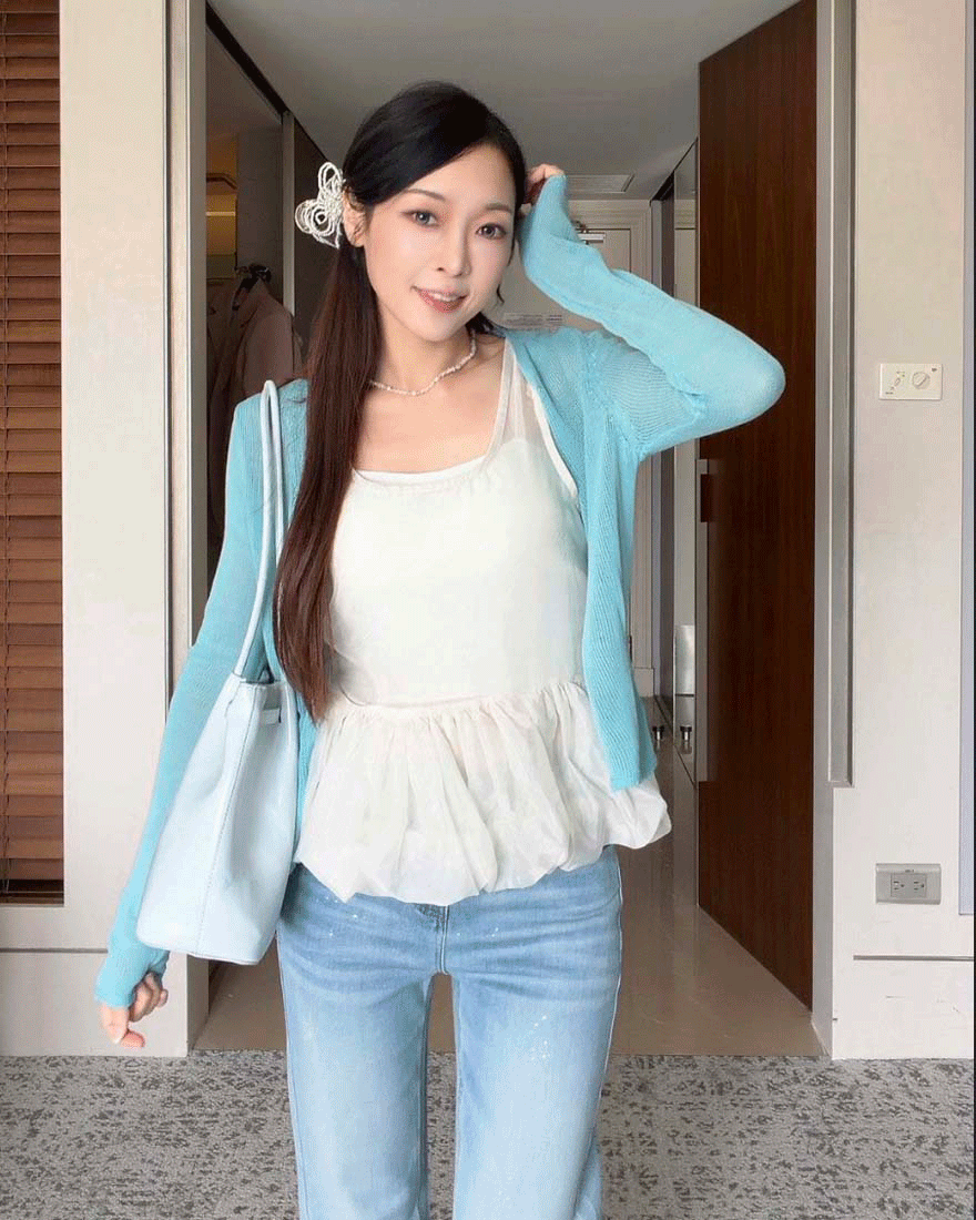 LINA LINA日常基調純色排釦針織上衣外套-湖水藍