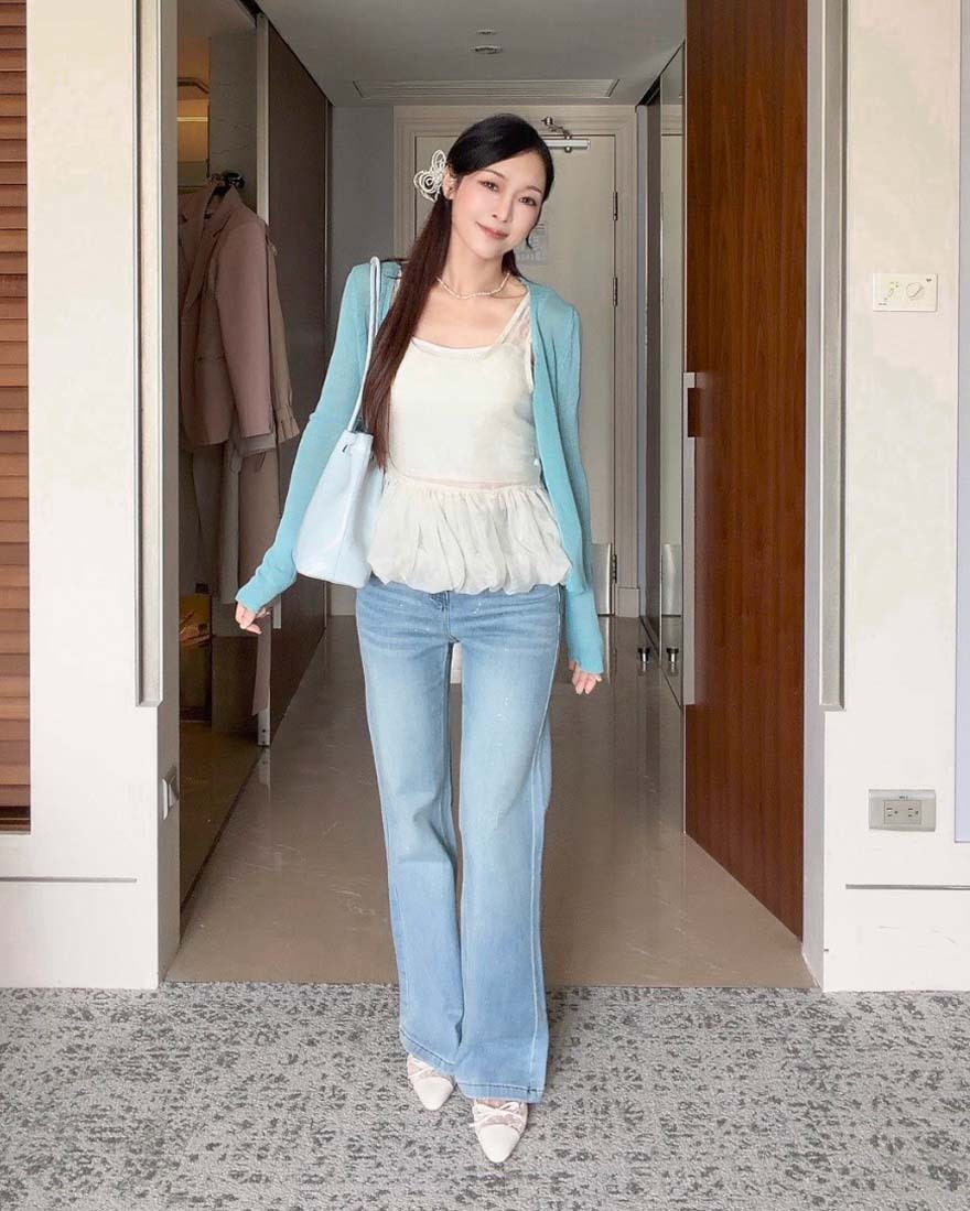 LINA LINA日常基調純色排釦針織上衣外套-湖水藍