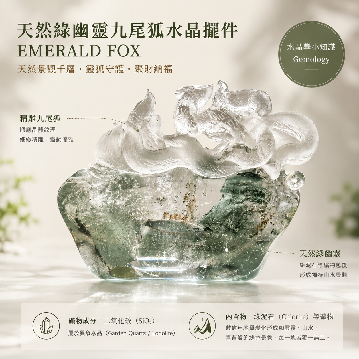 水晶學小知識,天然綠幽靈九尾狐水晶擺件