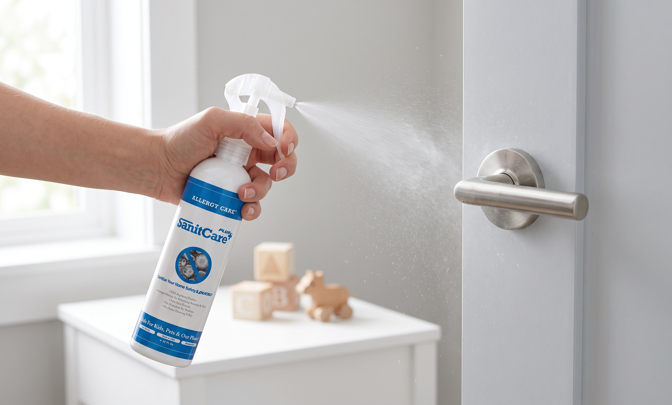 SanitCare PLUS 噴於門把手與兒童玩具的使用示範