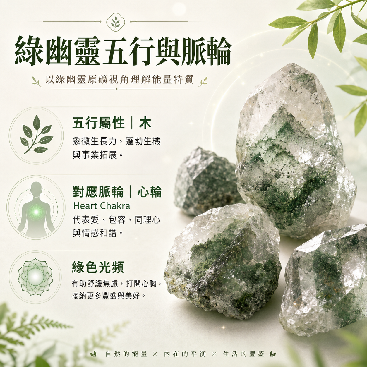 天然綠幽靈水晶五行脈輪介紹，綠幽靈五行屬木，對應心輪 Heart Chakra，象徵事業成長、生機、人際和諧與情緒平衡