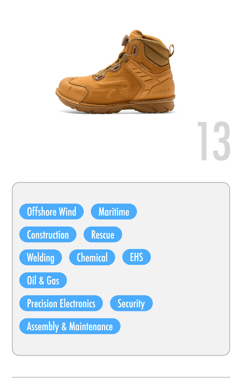 PATRONI SF2307BRN MARAX safety shoe recommended for maritime, offshore wind, construction, welding, rescue, precision electronics, oil & gas, and other industries