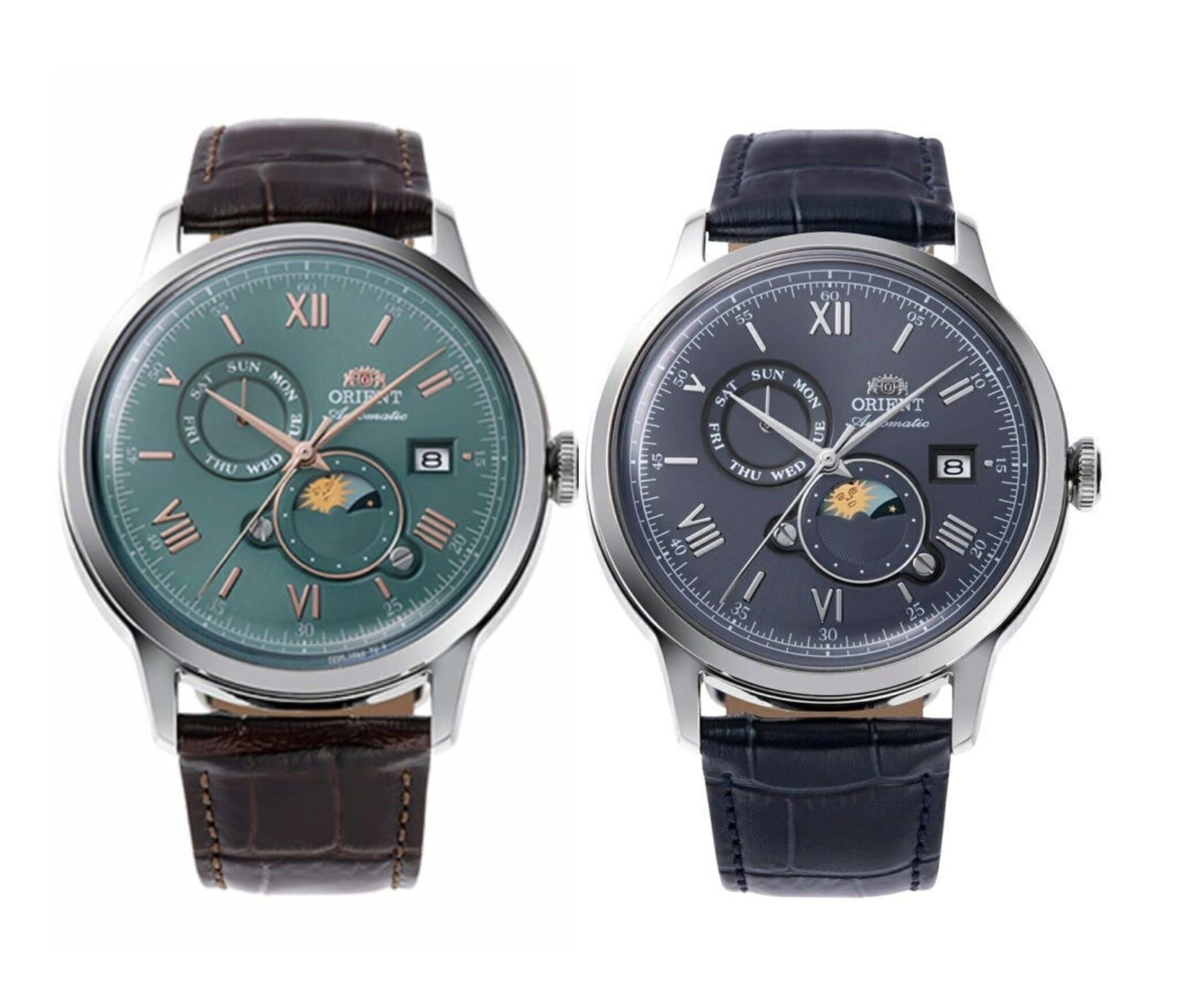 Orient 東方錶 Classic Sun and Moon Leather Strap Automatic Green Dial RN-AK0805E RA-AK0805E , Navy Blue Dial RN-AK0806L RA-AK0806L Men's Watch 東方錶經典日月相腕錶 自動機械