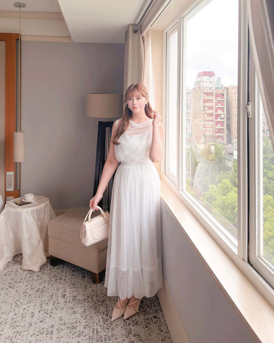 LINA LINA仙氣漫延網紗上衣背心長裙三件組-珍珠白