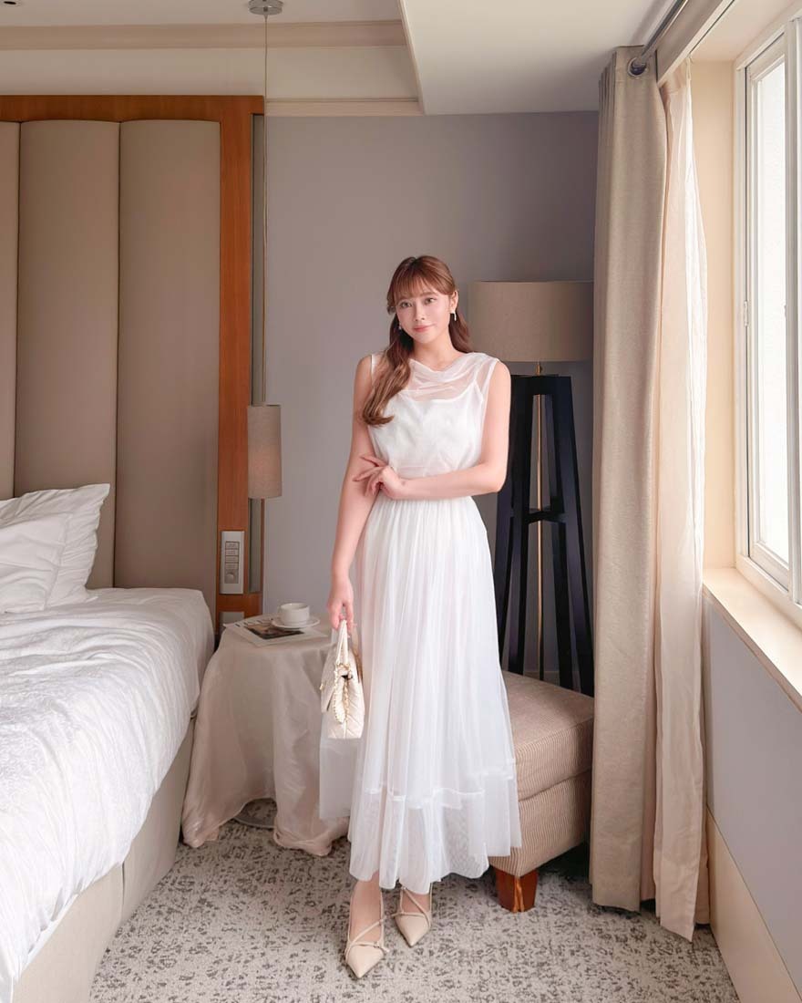 LINA LINA仙氣漫延網紗上衣背心長裙三件組-珍珠白