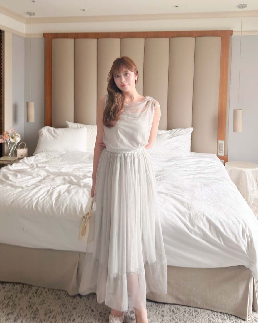 LINA LINA仙氣漫延網紗上衣背心長裙三件組-質感灰