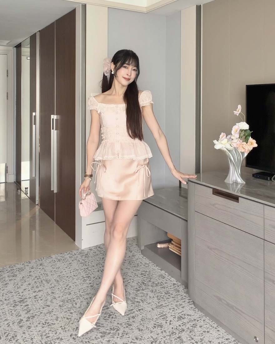 LINA LINA優雅甜絮蝴蝶結抓皺設計短裙-茱萸粉