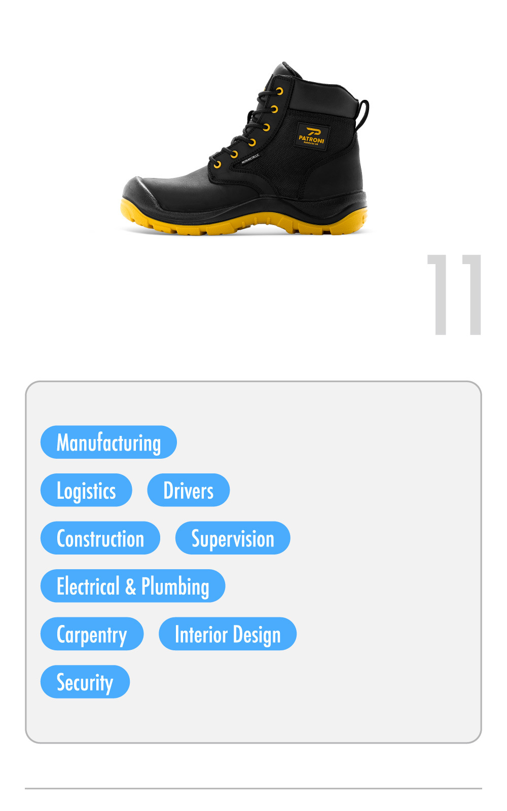PATRONI SF2541BLK ARKAX safety boot recommended for manufacturing, construction, plumbing, electrical and carpentry, logistics, security, and other industries