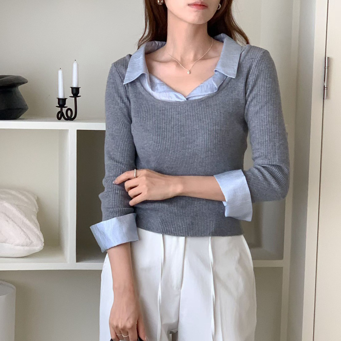 知性女子配色假兩件翻領合身上衣 / 2色