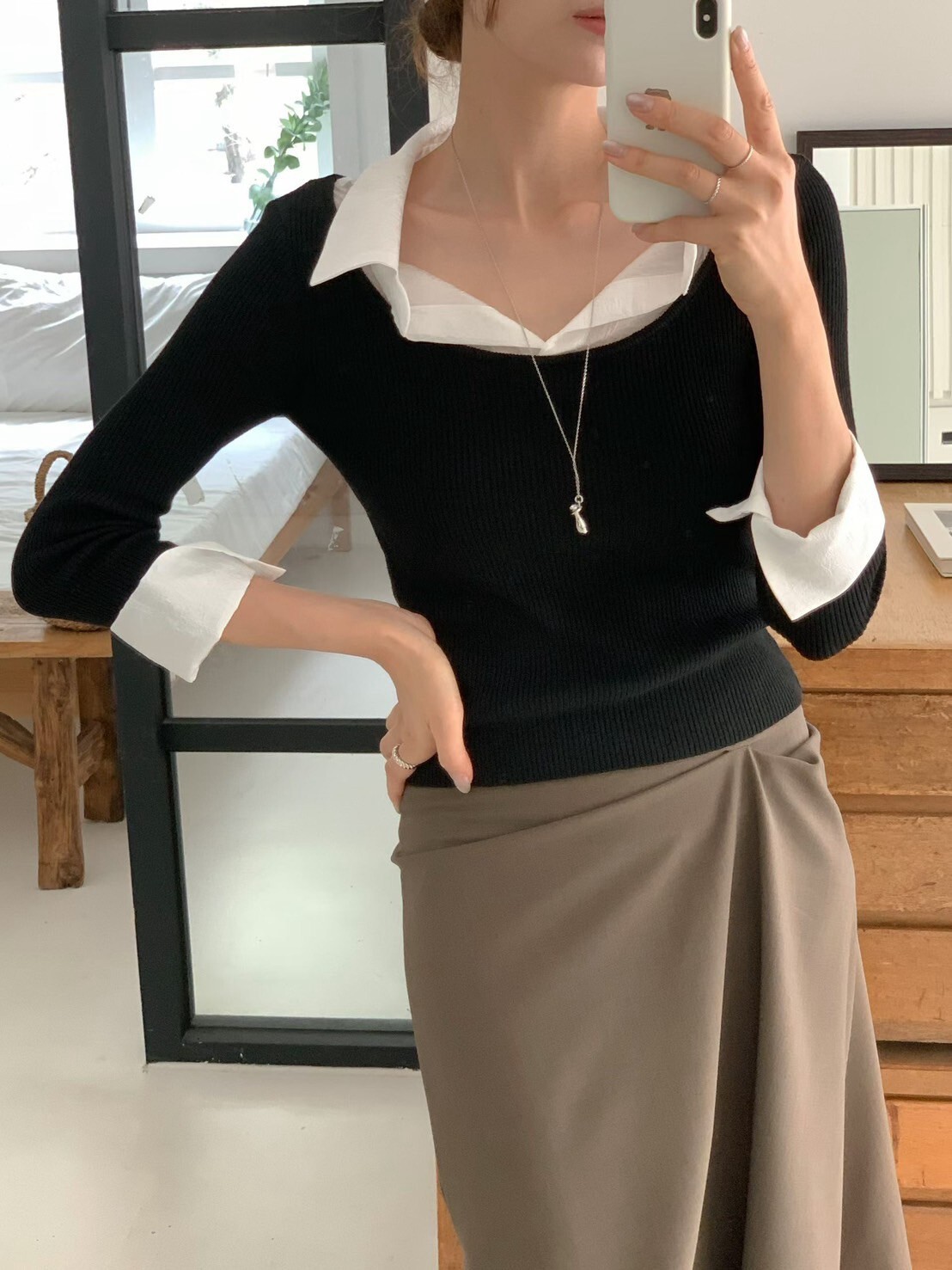 知性女子配色假兩件翻領合身上衣 / 2色