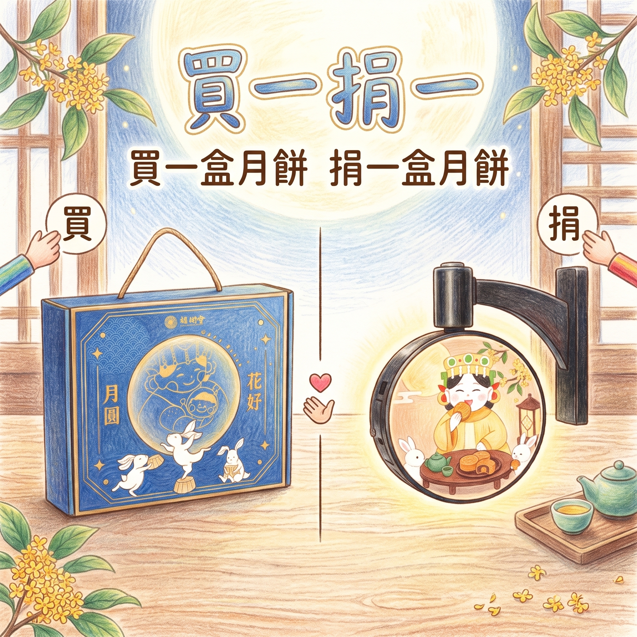 買一捐一【鎮瀾宮公益月餅】-委託由朝興基金會憨兒手工製作，(您會收到月餅及一份贈品）購買一份月餅為兩份愛心(材積過大、無法選擇超取）