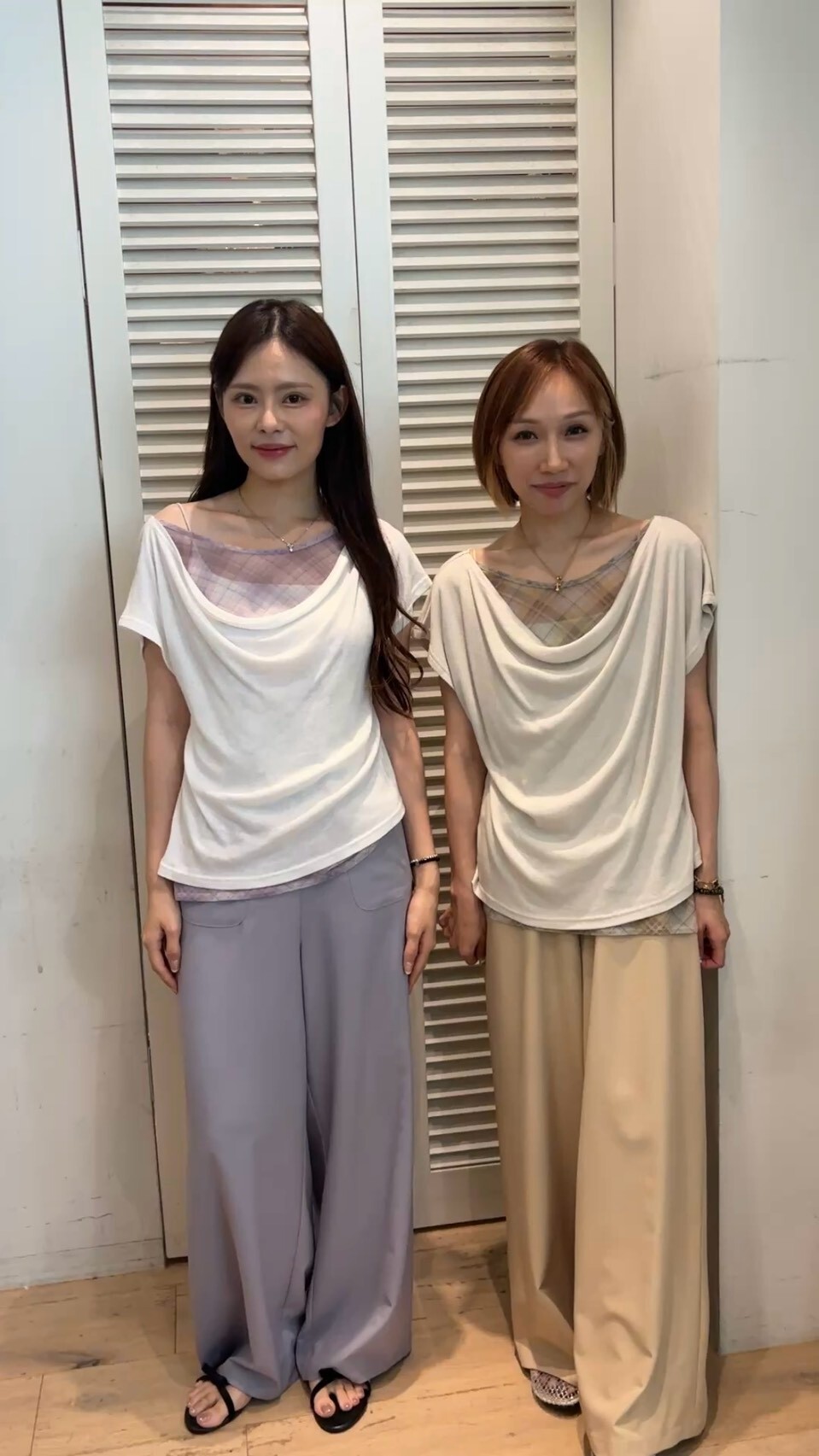 FA7006 假兩件格紋透紗上衣